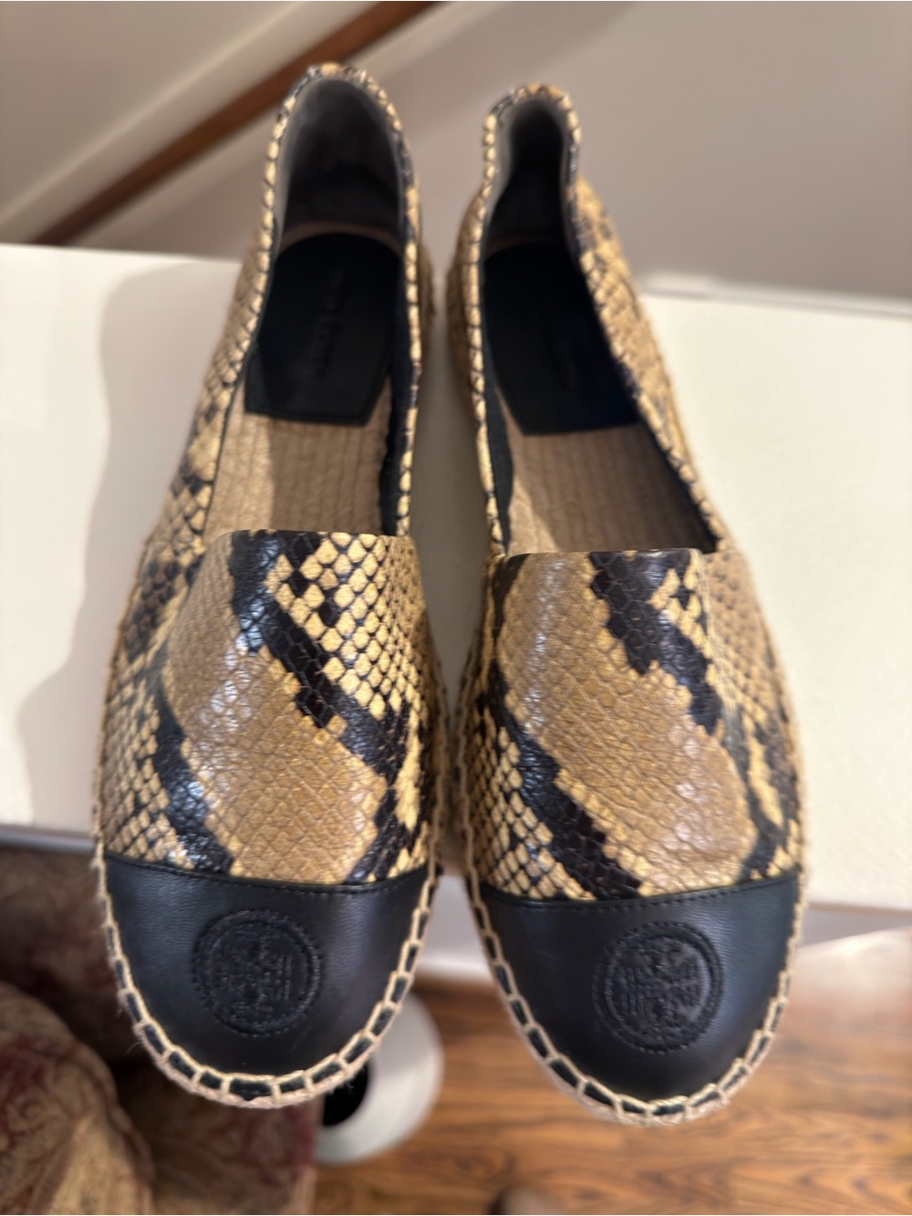 Tory Burch Tan and Black Snakeskin Espadrille Flats